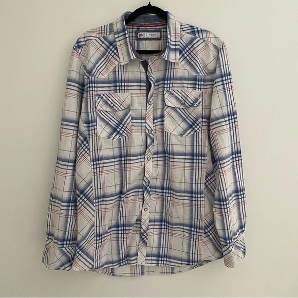 Buckle BKE Shirt Men's Extra Large Blue Plaid Check Western Pearl Snap Vintage - Picture 1 of 6